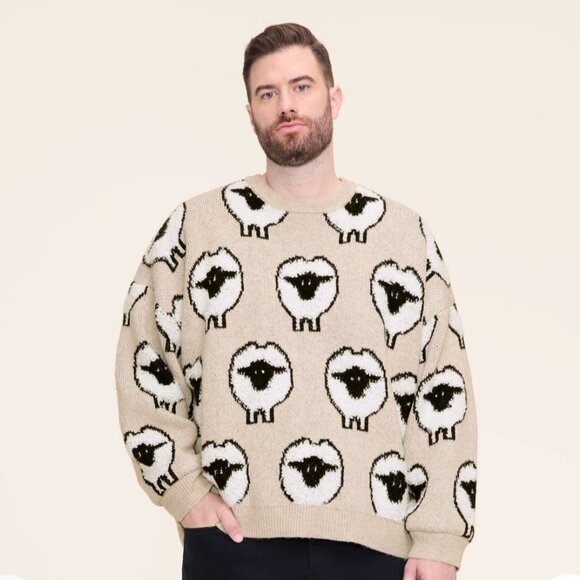 Sheep Print Pullover Sweater Adult Unisex- Woolrich x Taupe XXL - Picture 2 of 7